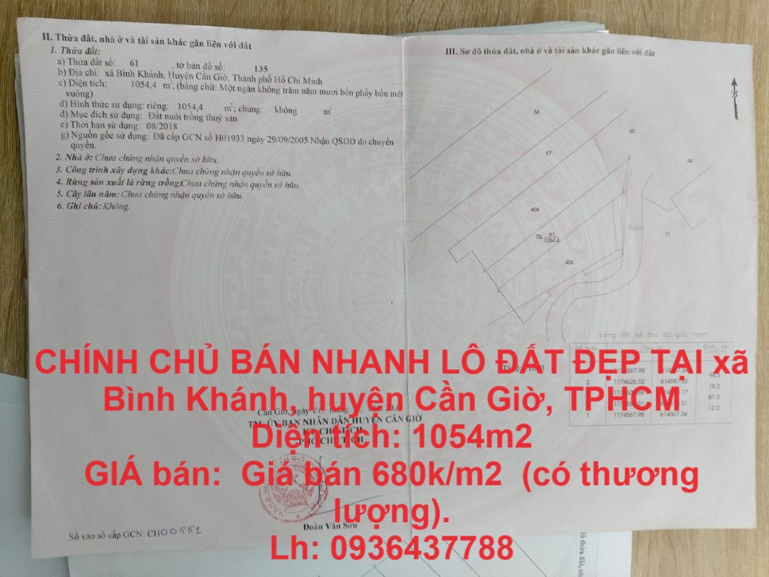CHÍNH CHỦ BÁN NHANH LÔ ĐẤT ĐẸP TẠI huyện Cần Giờ, TPHCM