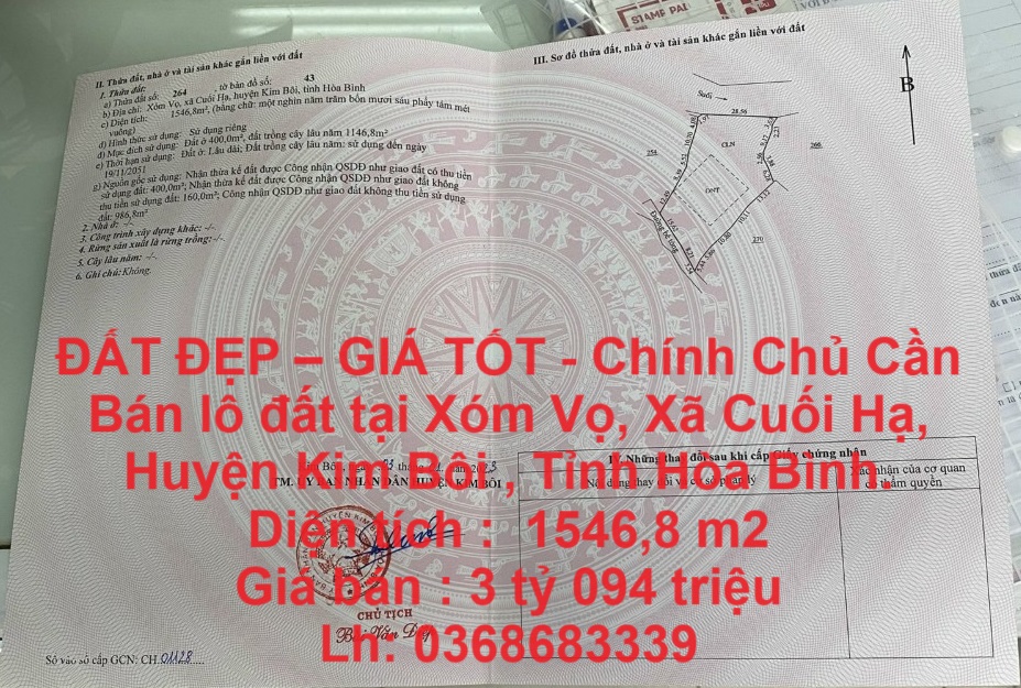 ĐẤT ĐẸP – GIÁ TỐT - Chính Chủ Cần Bán lô đất tại huyện Kim Bôi , Tỉnh Hòa Bình.