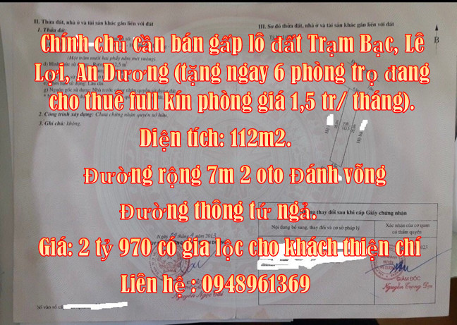 Chính chủ cần bán gấp lô đất Trạm Bạc, Lê Lợi, An Dương