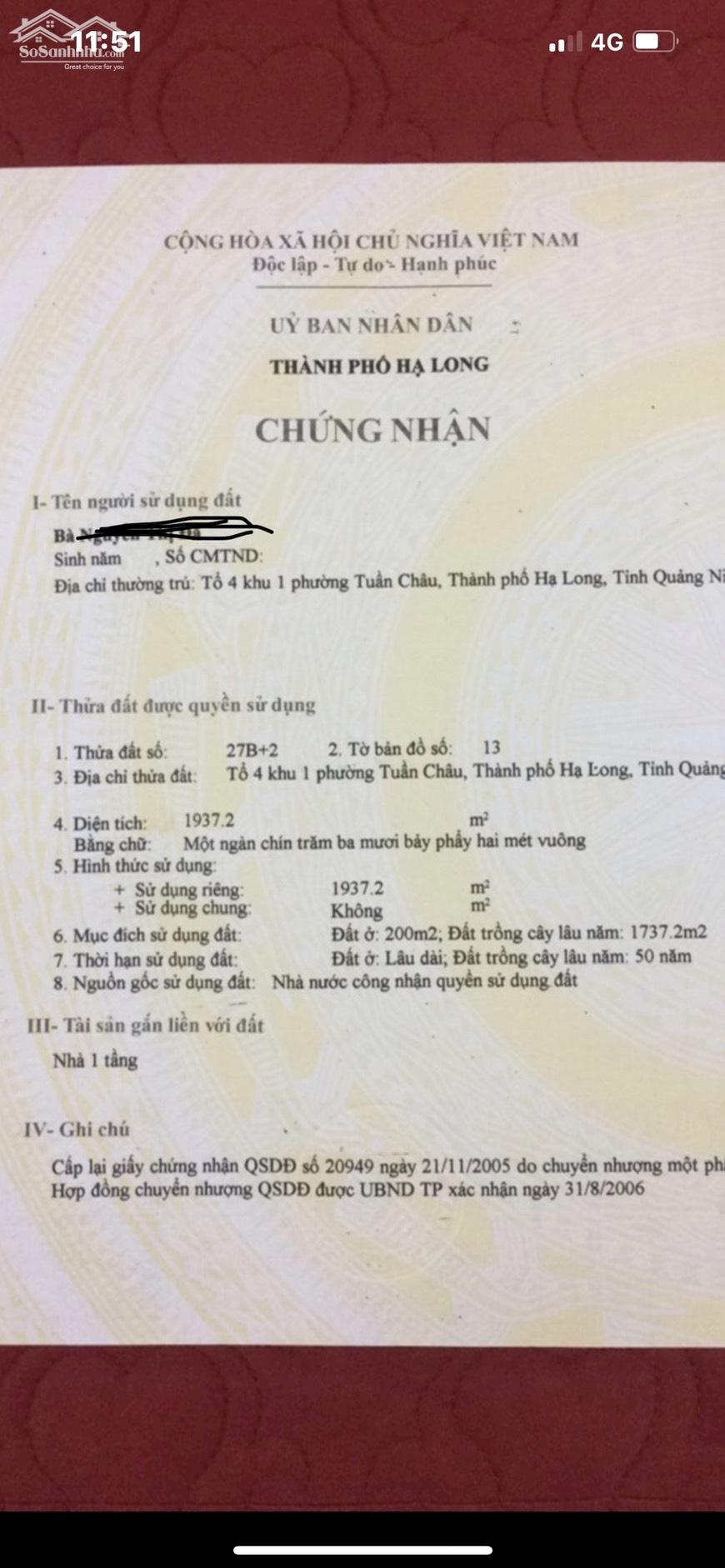 Chính chủ cần bán Đất Tổ 4 Khu 1 Phường Tuần Châu Thành Phố Hạ Long Tỉnh Quảng Ninh