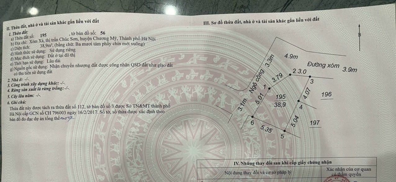 Cần bán 38,9m2, tk5, đất tại trung tâm thị trấn chúc sơn, giá nhỉnh 1 tỷ.