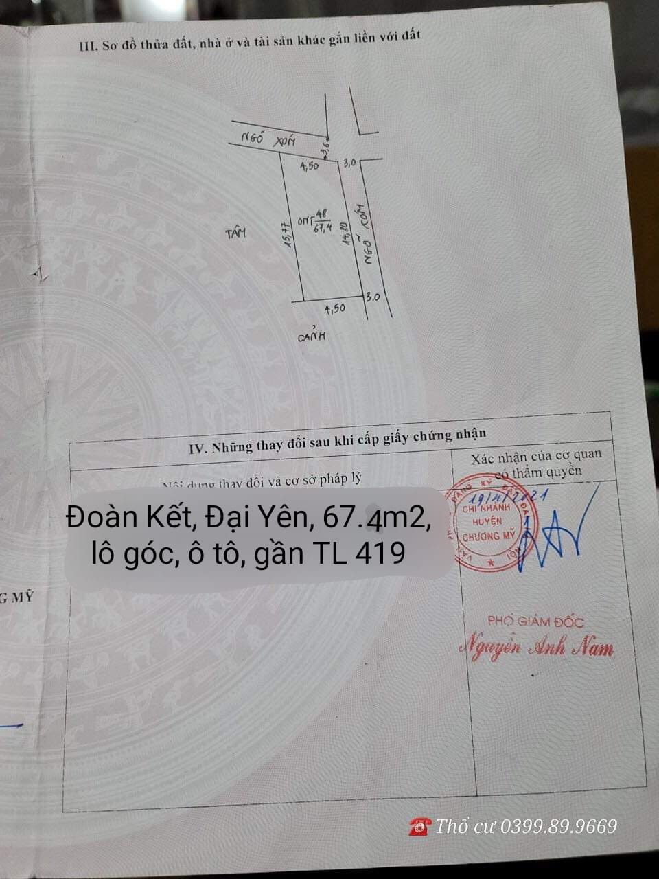Đoàn Kết, Đại Yên, 67.4m2, lô góc, ô tô vào, tk2, gần TL 419, giá đầu tư 1.x tỷ