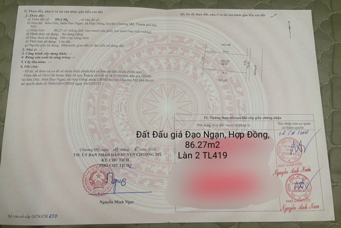 Cc cần thanh lý gấp lô đất 86.27m2, 2.x tỷ, tk6, đất đấu giá Đạo Ngạn, Hợp Đồng Chương Mỹ, HN, kd, văn phòng