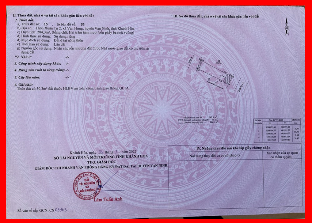 Mặt Tiền QL 1A, Xuân Tự 2, Vân Phong, Khánh Hòa giá 5,7 Tr/m2 Full Thổ