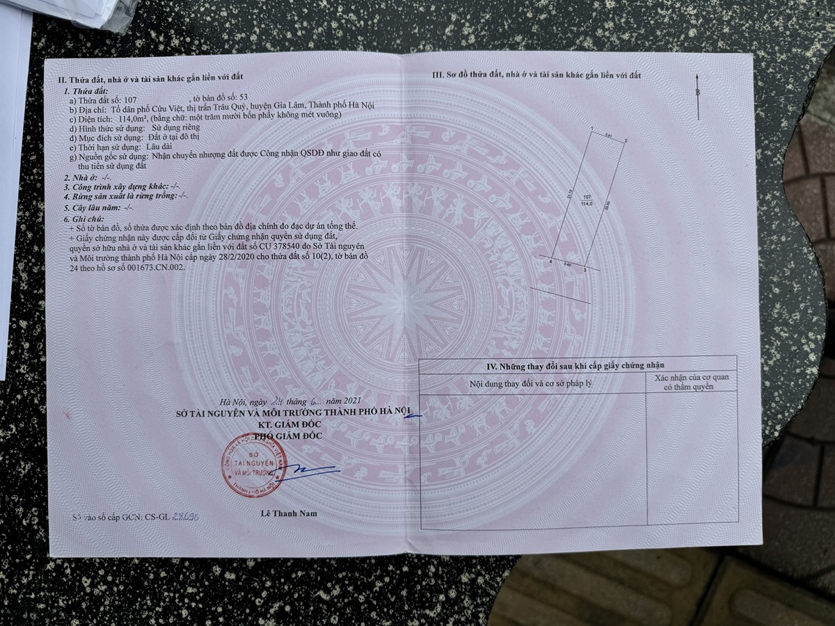 Chính chủ cần bán mảnh đất tại tổ dân phố Cửu Việt, Thị trấn Trâu Quỳ, Gia Lâm, Hà Nội.