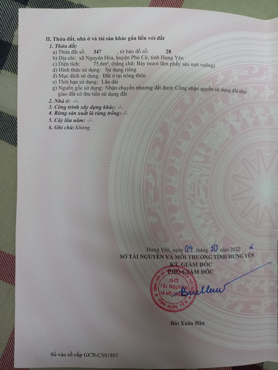 Chính chủ cần bán mảnh đất tại xã Nguyên Hòa, Huyện Phù Cừ, Tỉnh Hưng Yên.