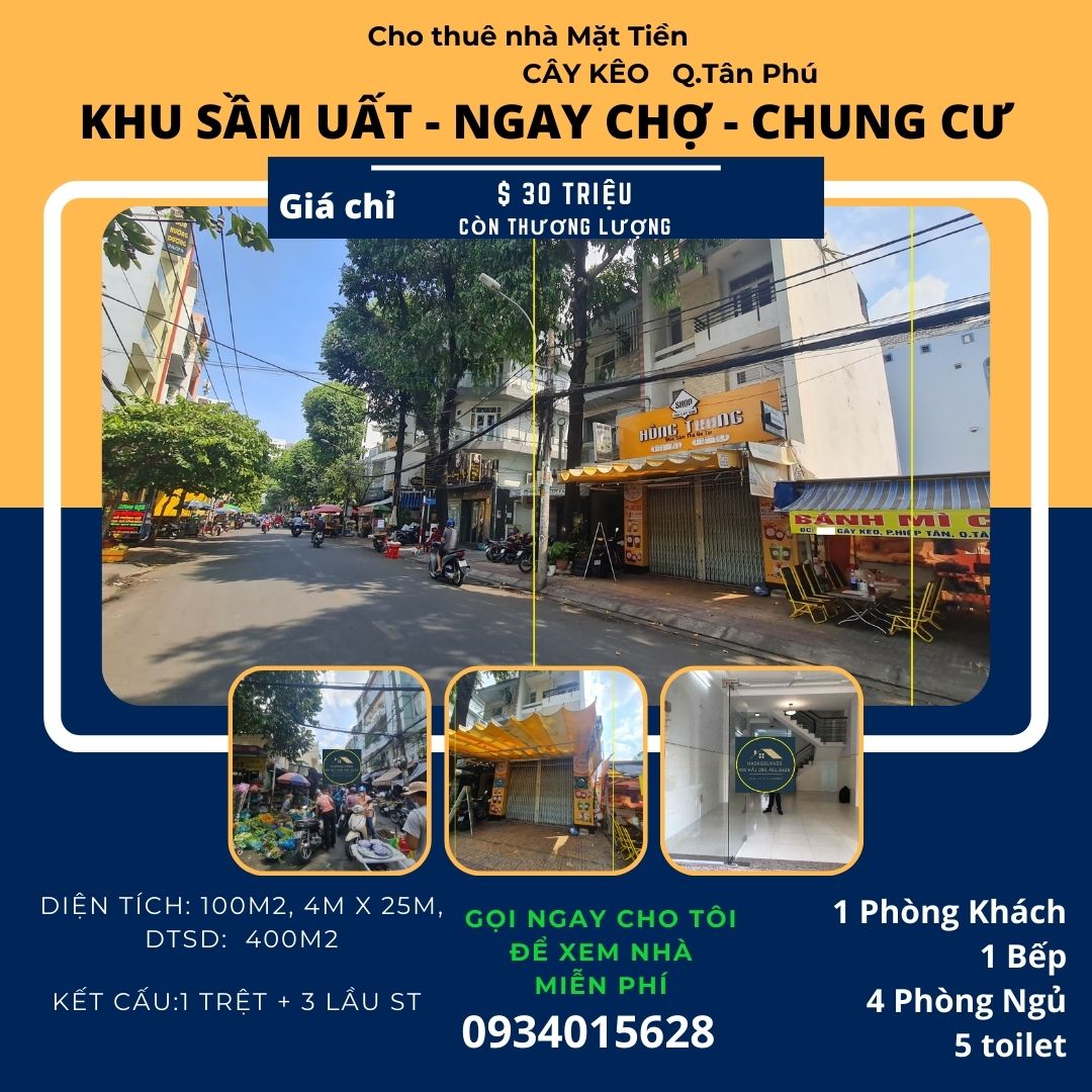 Cho thuê nhà mặt tiền Cây Keo 100m2, 3Lầu+ST, 30Triệu, Ngay CHỢ