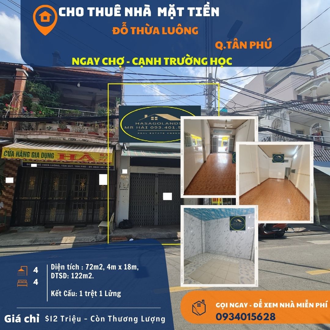 Cho thuê nhà mặt tiền Đỗ Thừa Luông 72m2, 1 Lửng, 12Triệu - NGAY CHỢ