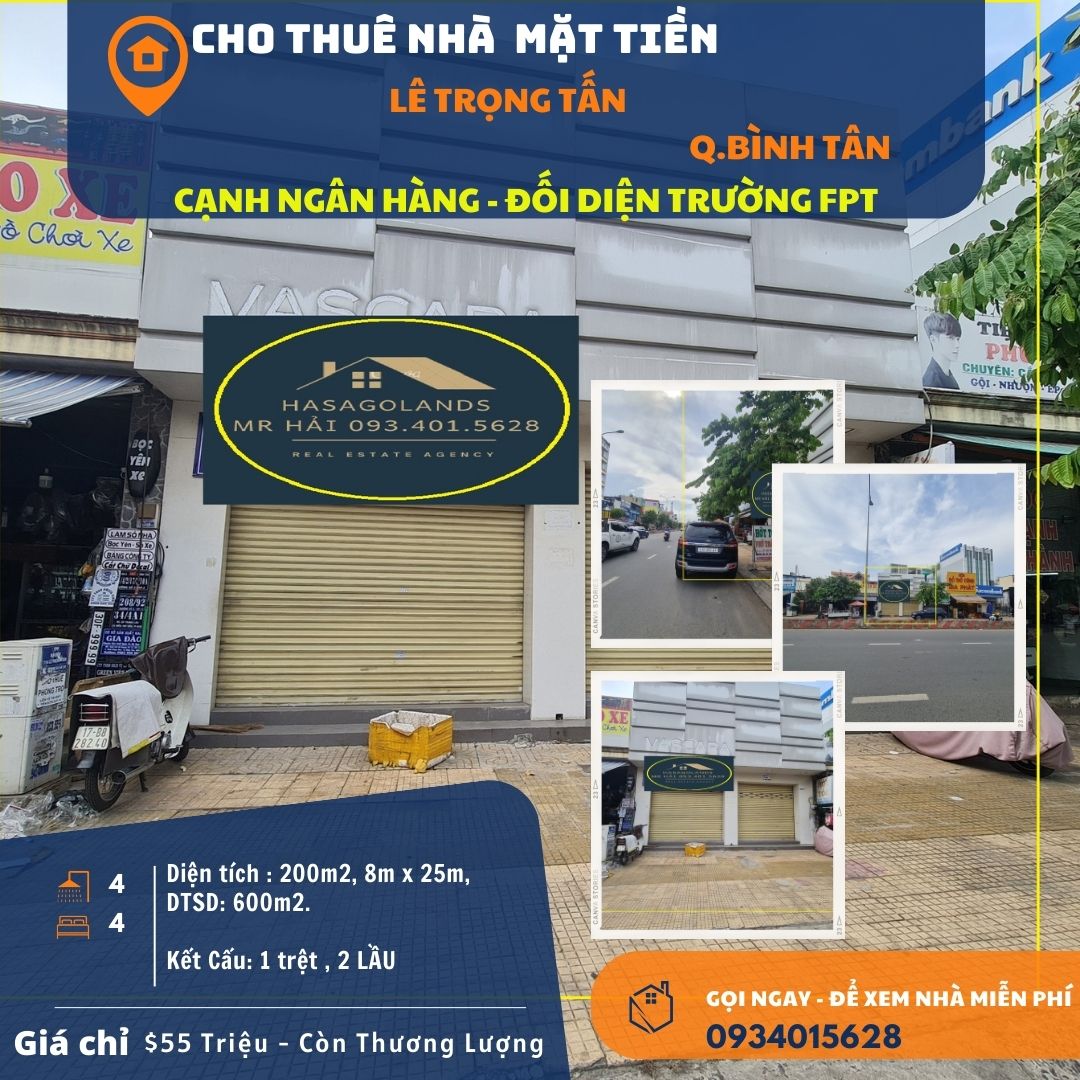 Cho thuê nhà mặt tiền Lê Trọng Tấn 200m2, 2Lầu,Sát SACOMBANK