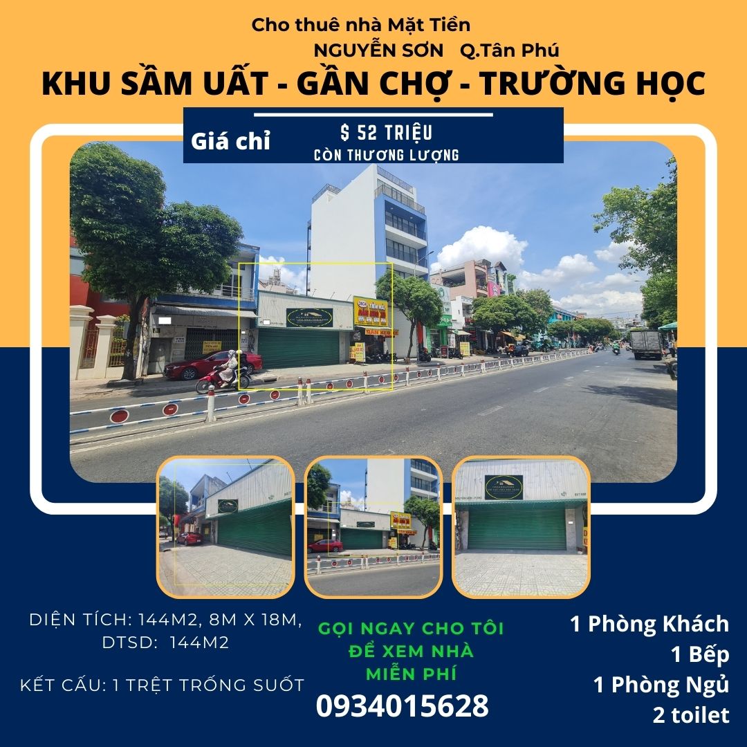 Cho thuê nhà mặt tiền Nguyễn Sơn 144m2, Ngang 8M - gần ngã tư