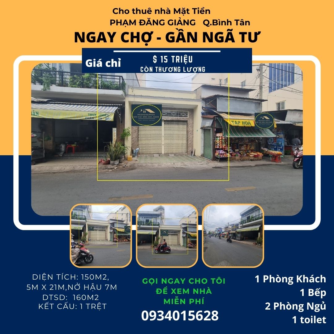 Cho thuê nhà mặt tiền Phạm Đăng Giảng 150m2, 15 triệu - NGAY CHỢ