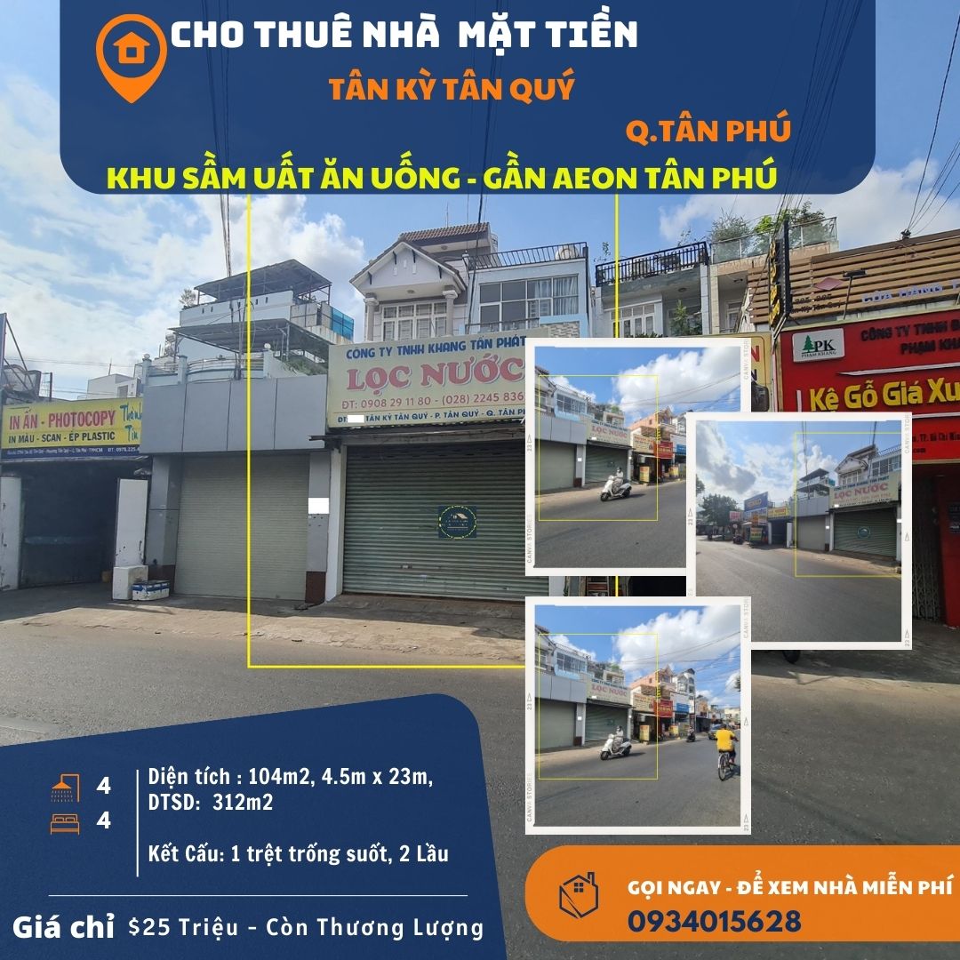 Cho thuê nhà mặt tiền Tân Kỳ Tân Quý 104m2, 2Lầu+ST, 25Triệu - Gần AEON
