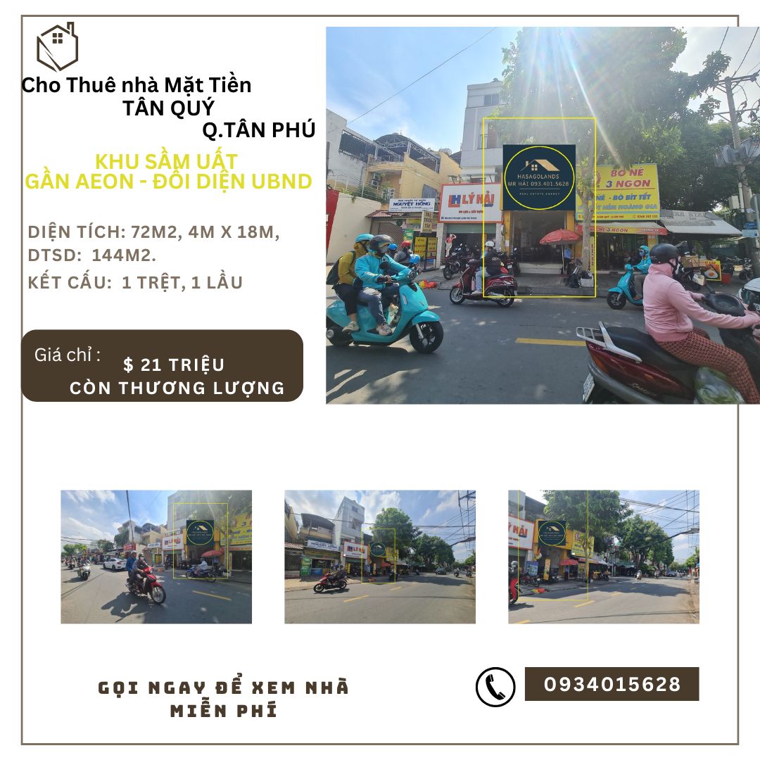 Cho thuê nhà mặt tiền Tân Quý 72m2, 1Lầu, 21Triệu - KHU SẦM UẤT
