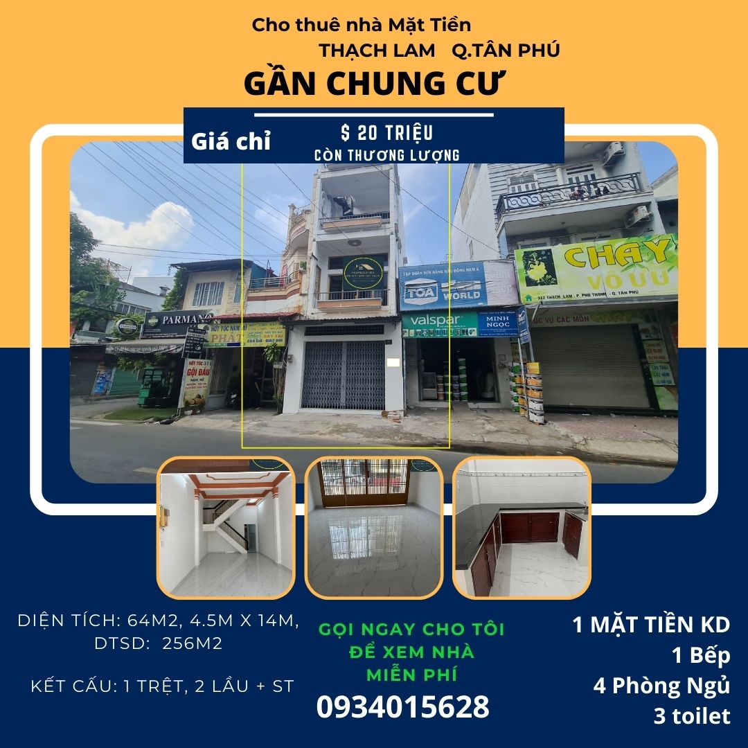 Cho thuê nhà mặt tiền Thạch Lam 64m2, 2Lầu +ST, 20Triệu, gần CHUNG CƯ