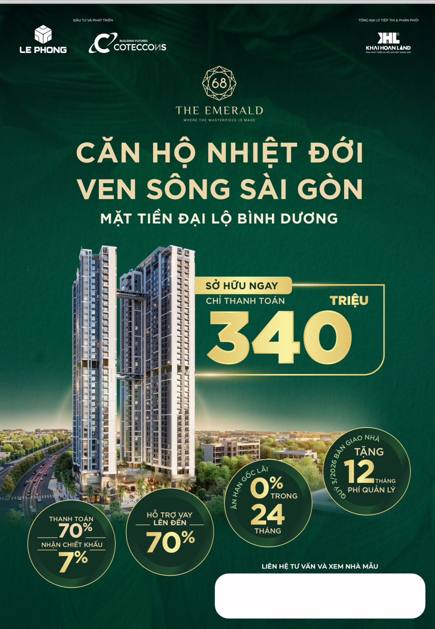 Dự án Căn hộ The Emerald 68 đẳng cấp 5 sao do nhà thầu số 1 Việt Nam xây dựng. Cách tp HCM 1km đang mở bán giai đoạn 1,