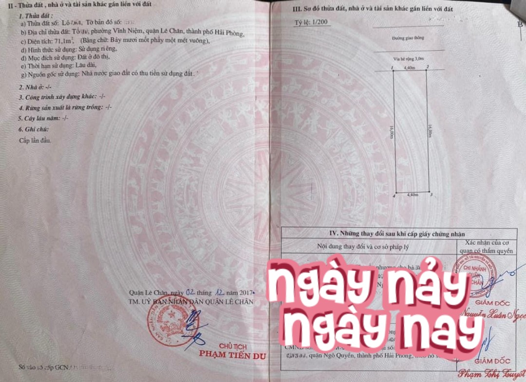 Bán đất TĐC Tam Kỳ - Lê CHân. diện tích 71m, MT 4.4m GIÁ 62 tr/m ~ 4.4 tỉ