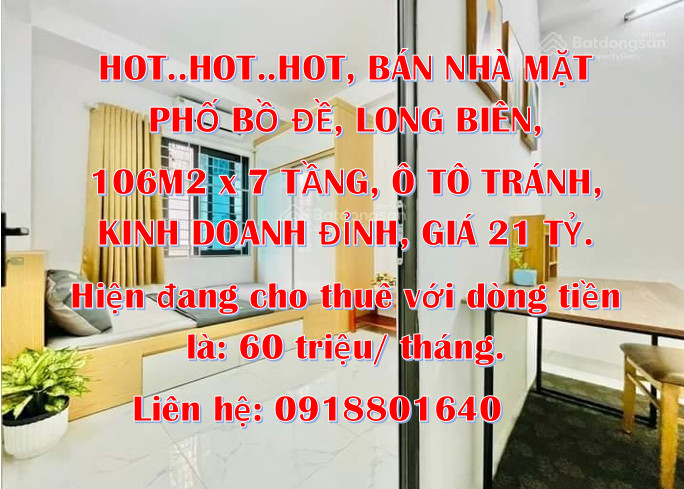 BÁN NHÀ MẶT PHỐ BỒ ĐỀ, LONG BIÊN 106M2*7 TẦNG, Ô TÔ TRÁNH, KINH DOANH ĐỈNH, GIÁ 21 TỶ.