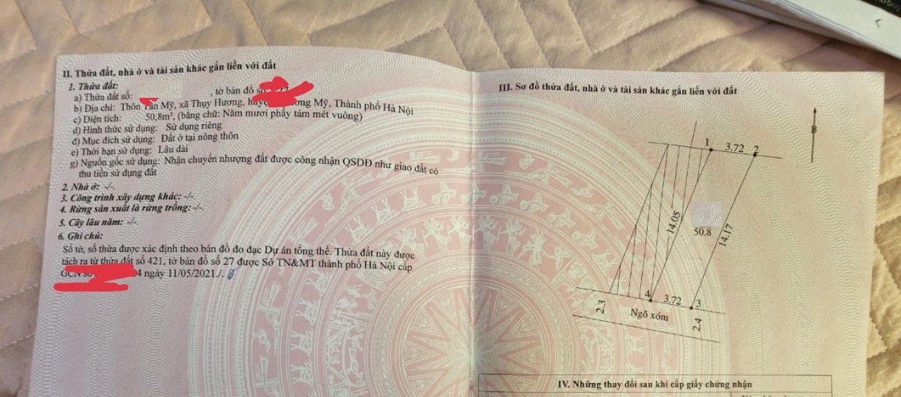 Diện tích 50,8m full thổ cư Thụy Hương Mặt tiền = hậu 3,72m, không lỗi phong thủy Ngõ nông, ô tô đỗ cửa