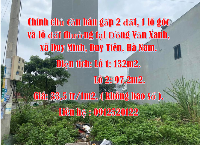 Chính chủ cần bán gấp 2 đất, 1 lô góc và lô đất thường tại Đồng Văn Xanh, xã Duy Minh, Duy Tiên, Hà Nam.