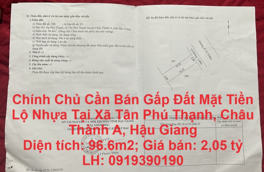 Chính Chủ Cần Bán Gấp Đất Mặt Tiền Lộ Nhựa Tại Xã Tân Phú Thạnh, Châu Thành A, Hậu Giang
