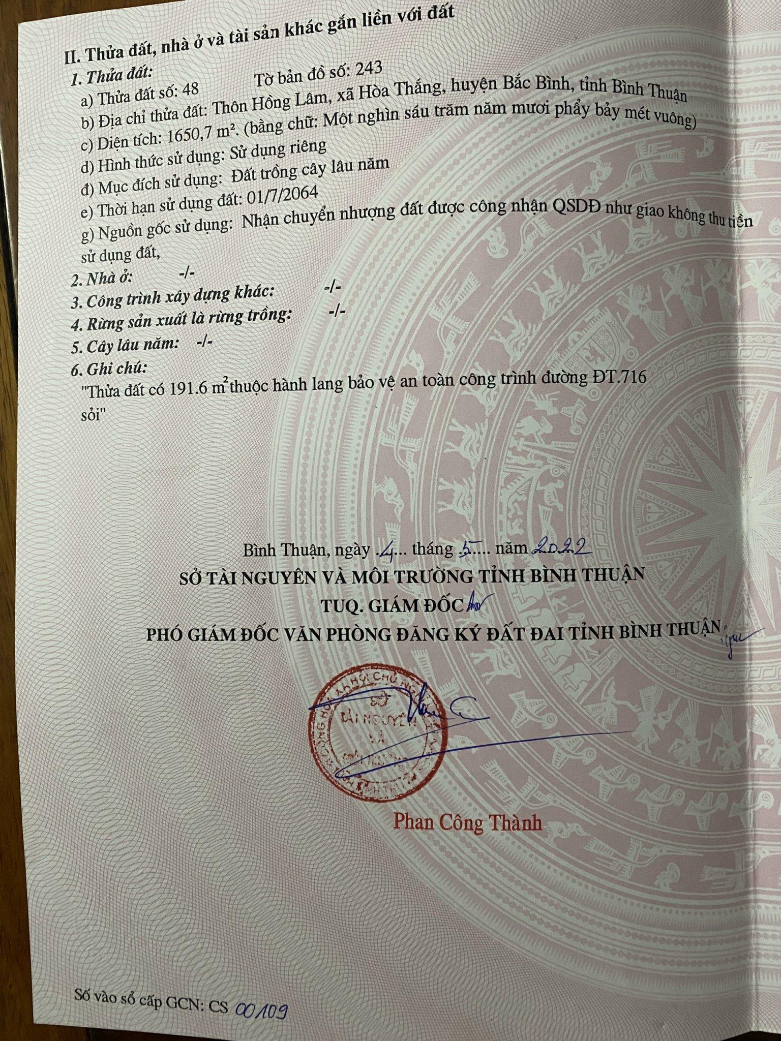 CHÍNH CHỦ CẦN BÁN LÔ ĐẤT GẦN BIỂN PHAN THIẾT tại Hồng Lâm, Xã Hòa Thắng, Huyện Bắc Bình, Bình Thuận