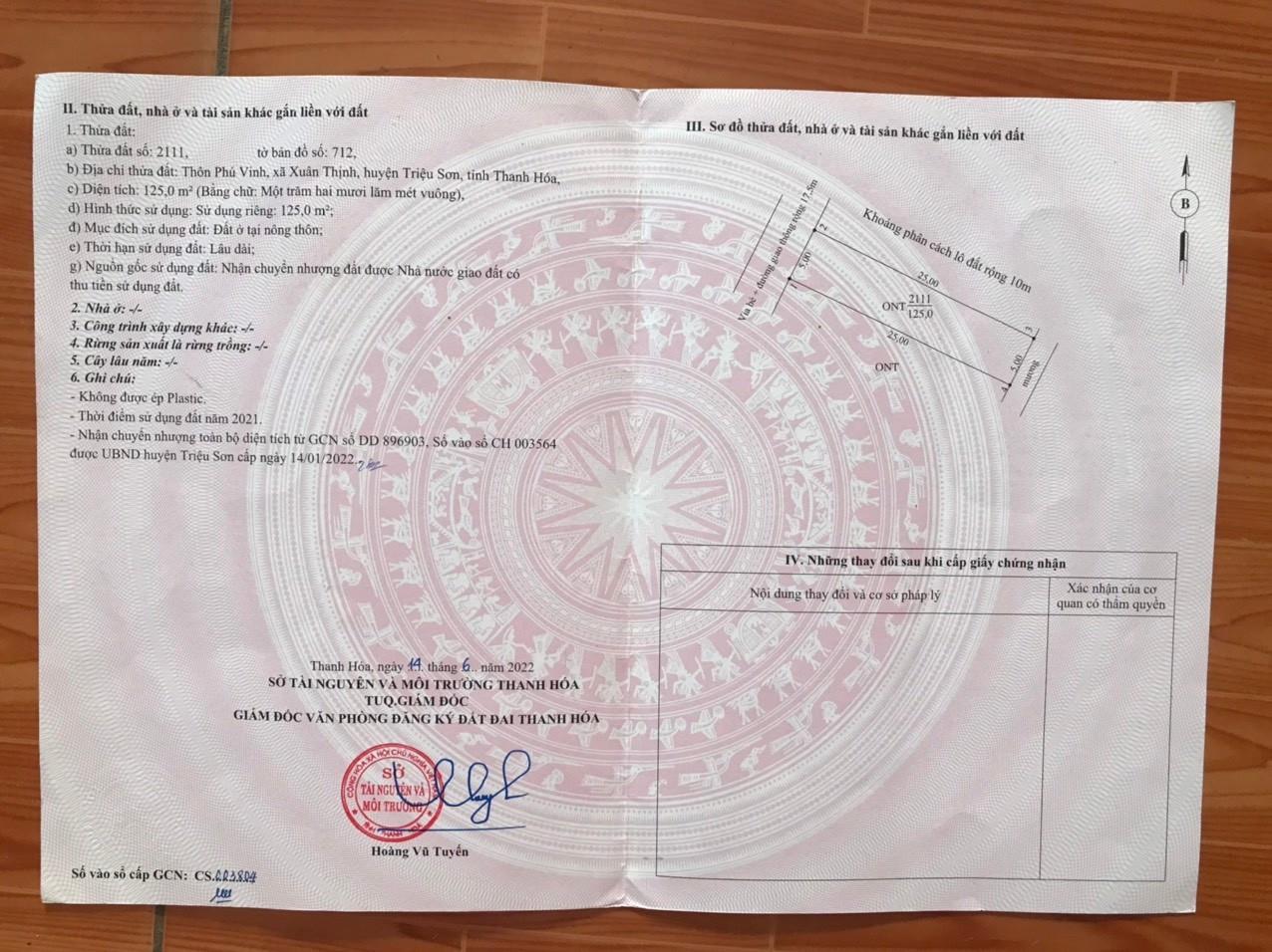 HOT HOT - CẦN BÁN LÔ ĐẤT ĐẸP tại Thôn Phú Vinh, xã Xuân Thịnh, huyện Triệu Sơn, tỉnh Thanh Hóa