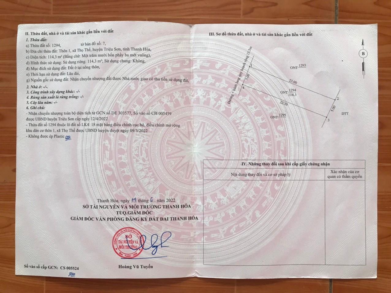 CHÍNH CHỦ CẦN BÁN LÔ ĐẤT ĐẸP tại Thôn 1 xã Thọ thế huyện Triệu Sơn tỉnh Thanh Hóa