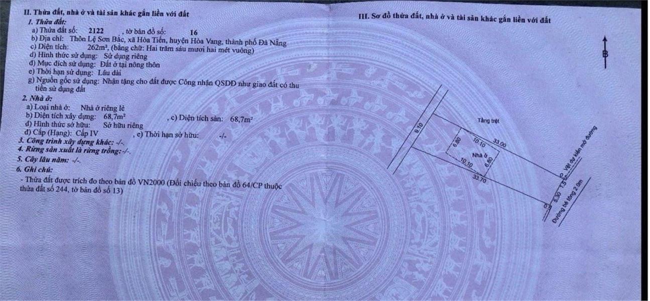 Chính Chủ Cần Bán Lô Đất Thổ Cư Tại Thôn Lệ Sơn 1, Xã Hoà Tiến, Hoà Vang, Đà Nẵng