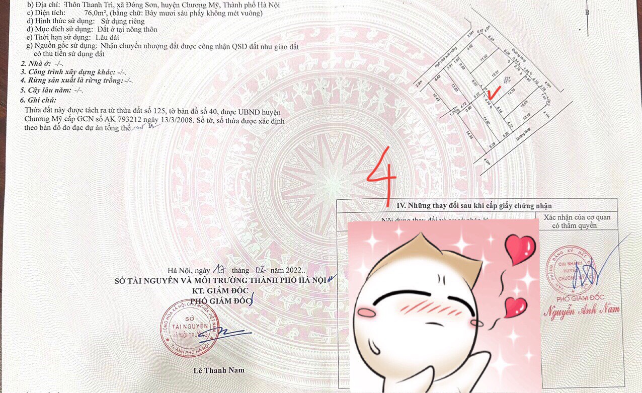 chào bán 4 lô đất tại xã Đông Sơn - chương mỹ . - diện tích 76m , mặt tiền hậu như nhau đều trên 5m