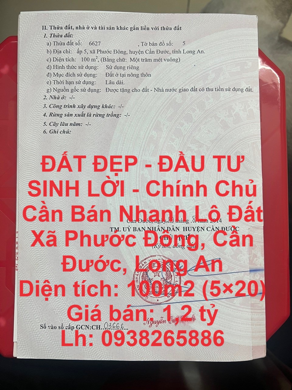 ĐẤT ĐẸP - ĐẦU TƯ SINH LỜI - Chính Chủ Cần Bán Nhanh Lô Đất Xã Phước Đông, Cần Đước, Long An
