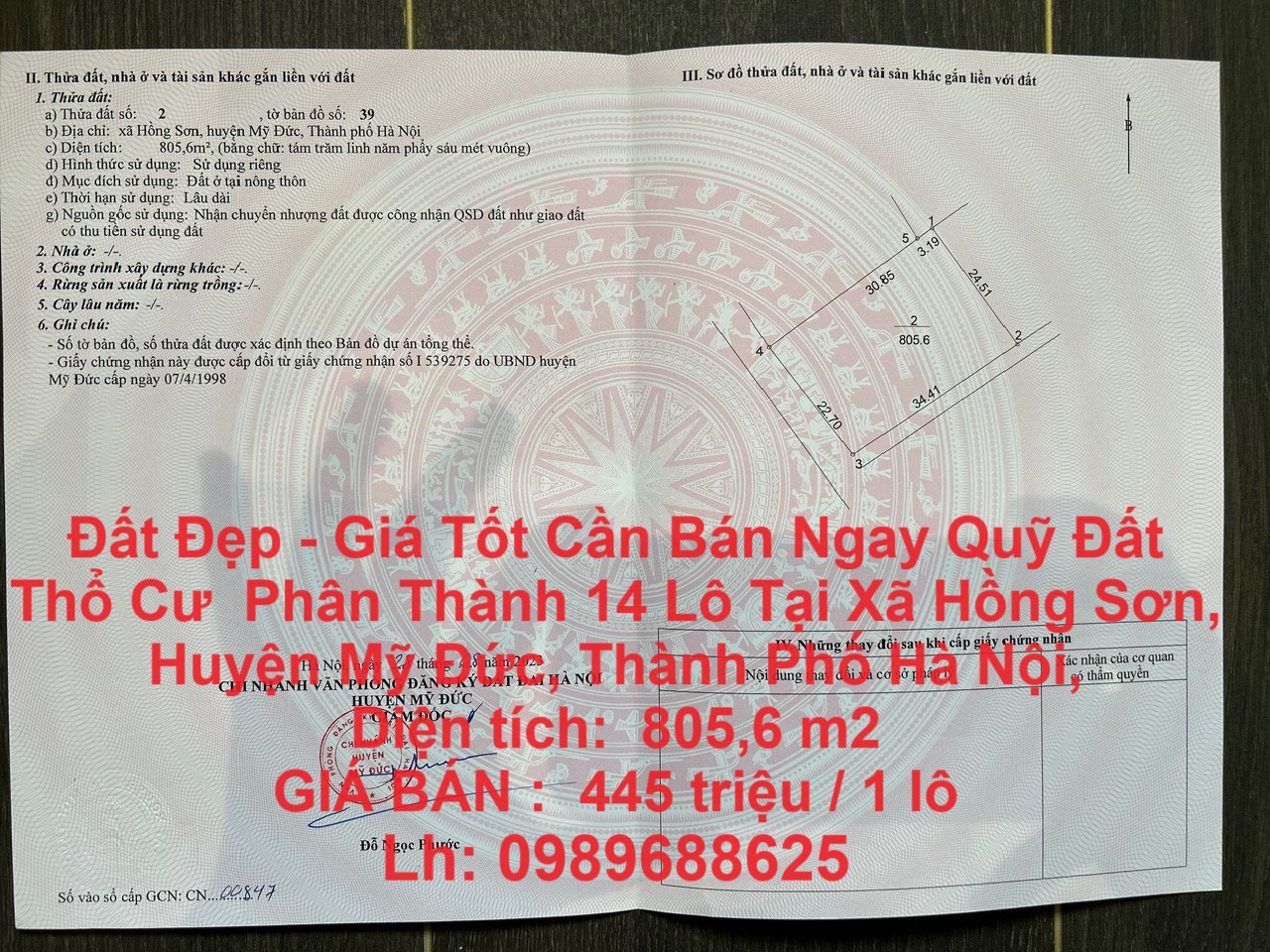 Đất Đẹp - Giá Tốt Cần Bán Ngay Quỹ Đất Thổ Cư Phân Thành 14 Lô Tại Hồng Sơn, Mỹ Đức.
