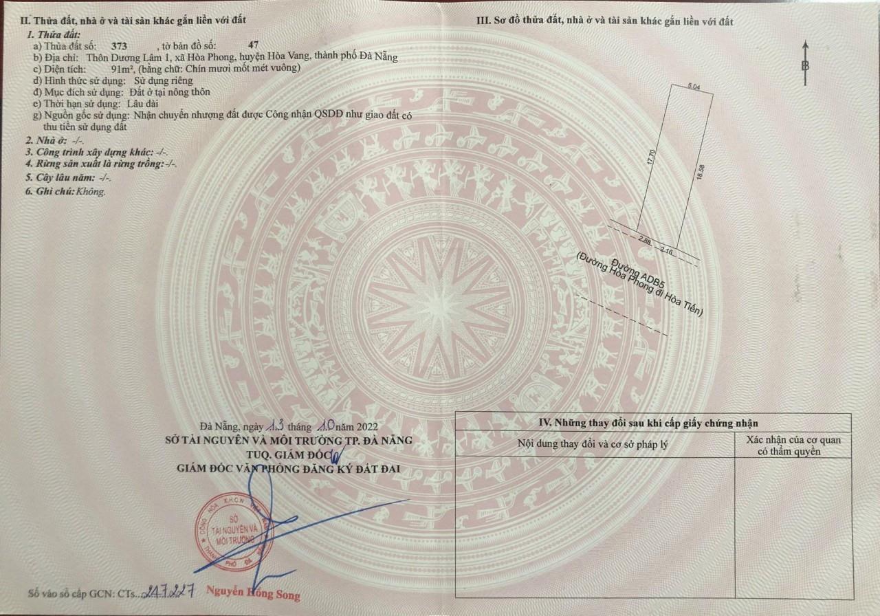 Chính Chủ Cần Bán Lô Đất Đẹp - Đầu Tư Sinh Lời Tại Xã Hòa Phong, Hòa Vang, Đà Nẵng