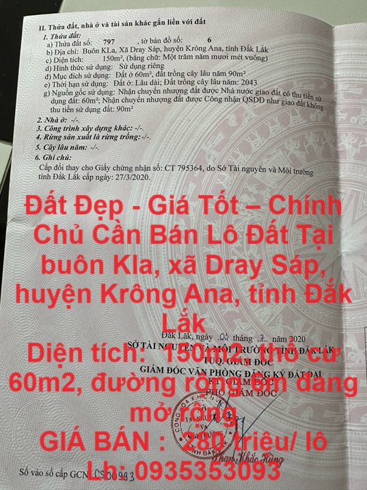 Đất Đẹp - Giá Tốt – Chính Chủ Cần Bán Lô Đất Tại huyện Krông Ana, tỉnh Đắk Lắk