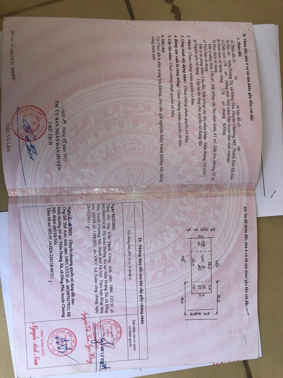 Hàng fo 141m mặt đường tỉnh lộ 419 Vừa ra lò diện tích sử dụng thực tế 300m . mặt tiền 5m = hậu Đc : thôn hoàng xá