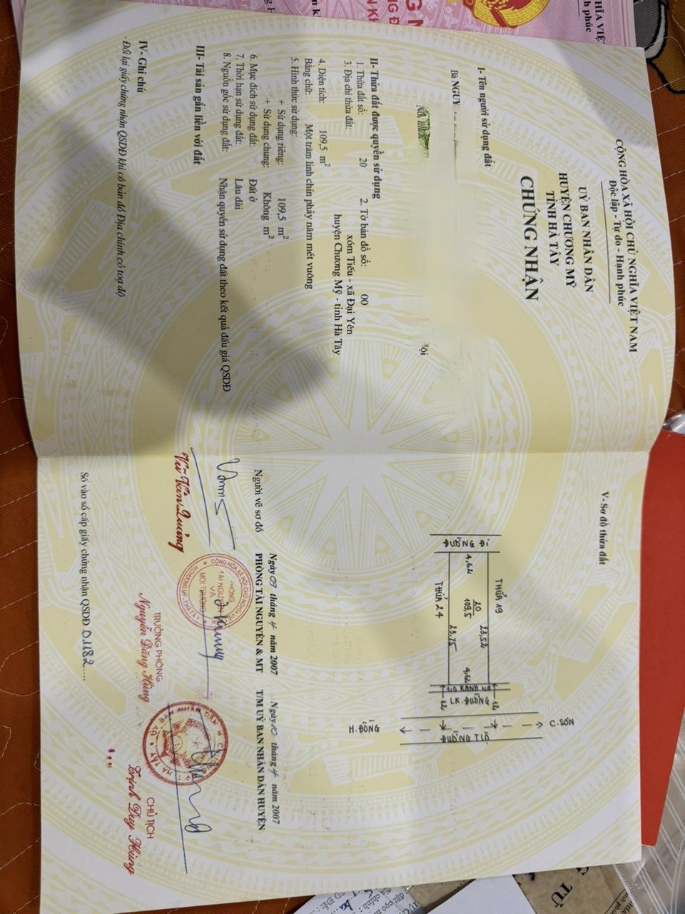 Hàng FO mặt đường tỉnh lộ 419 trung tâm xã đại yên chương mỹ dt 109.5m2 & 108.2m2 ngay uỷ ban - trường học - nhà văn