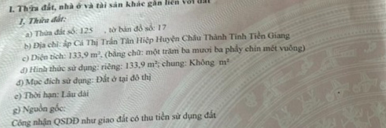 ĐẤT CHÍNH CHỦ - GIÁ TỐT - Vị Trí Đẹp mặt tiền nằm ngay quốc lộ 1A, tại khu phố Cá, TT Tân Hiệp, Châu Thành, Tiền Giang