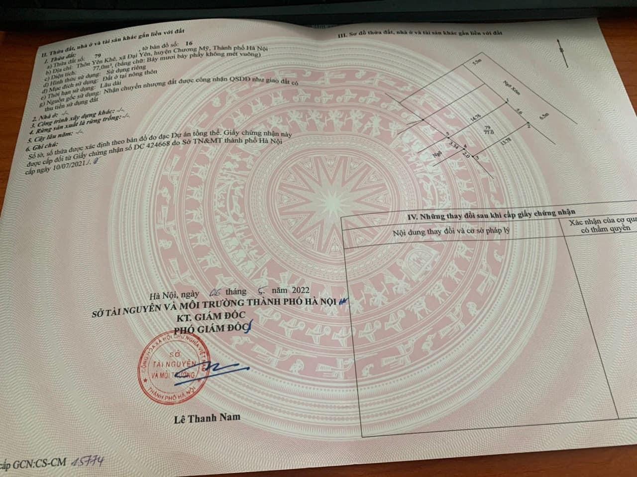 Cc gửi bán 77m2, 1.x tỷ, Đại Yên Chương Mỹ, ô tô đỗ cửa, giáp mặt Nguyễn Anh Trỗi