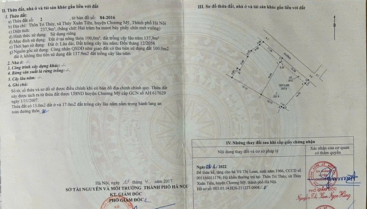 Cc gửi bán 238m2, ô tô, đầu tư chia lô, Thuỷ Xuân Tiên