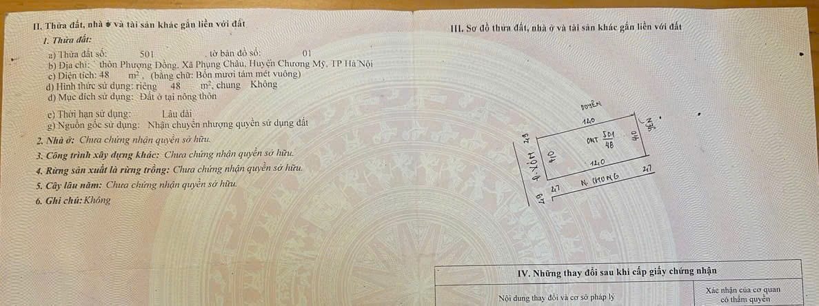 Chính chủ gửi bán gấp mảnh đất 48m2, 2.x tỷ (x nhỏ xíu), mt 4m, lô góc, ngõ THÔNG, ô tô tại Phượng Đồng - Phụng Châu