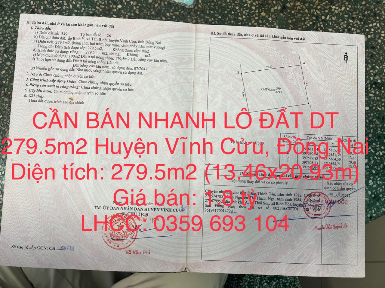 CẦN BÁN NHANH LÔ ĐẤT DT 279.5m2 Tại Xã Tân Bình Huyện Vĩnh Cửu, Đồng Nai