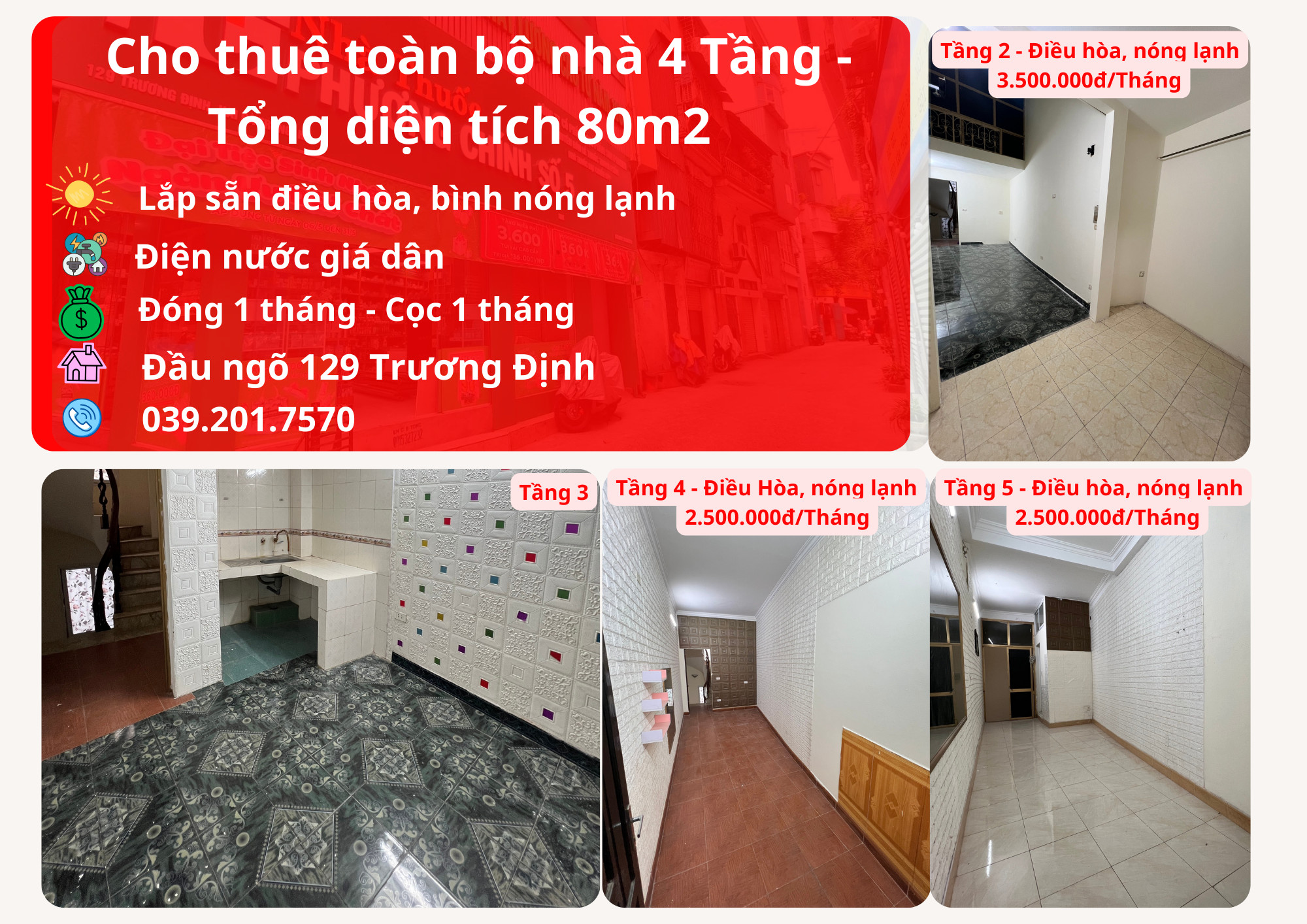 CHO THUÊ NHÀ NGUYÊN CĂN 4 TẦNG tại 129 Trương Định, Hai Bà Trưng, HN