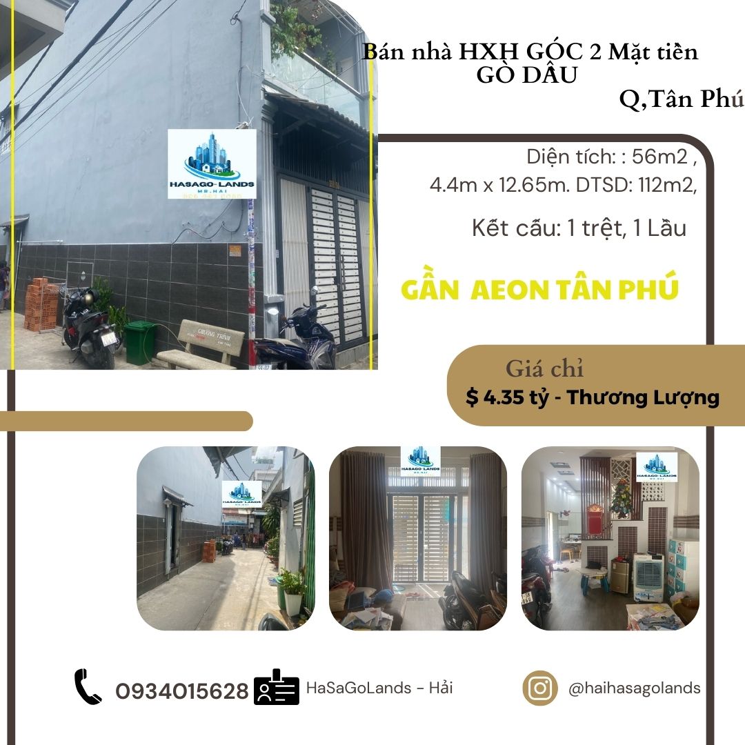CỰC HIẾM - Bán nhà GÓC 2MT HXH Gò Dầu 56m2, 1Lầu, 4.35Tỷ, gần AEON
