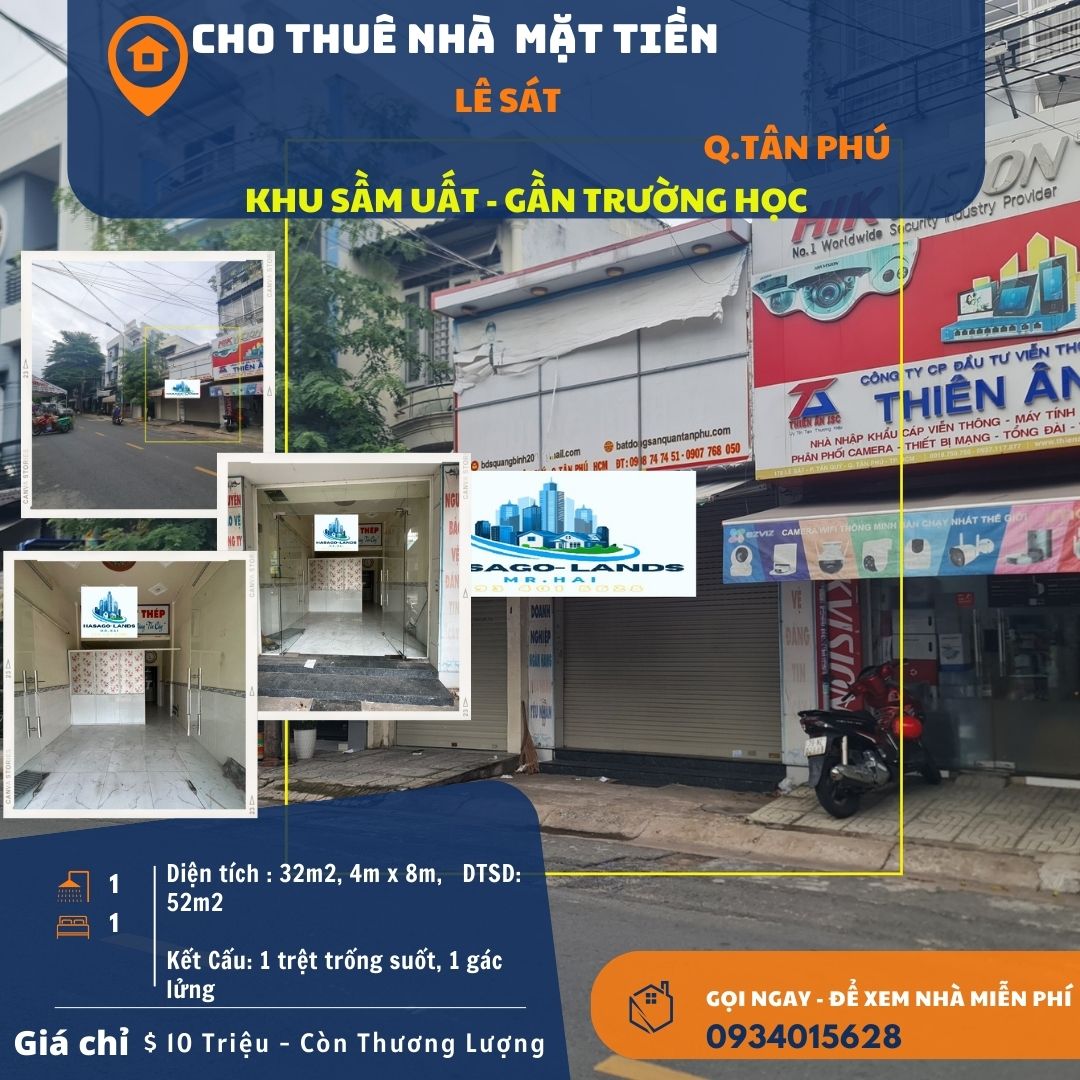 CỰC SỐC- Cho thuê nhà mặt tiền Lê Sát 32m2, 10 Triệu- gần TRƯỜNG HỌC