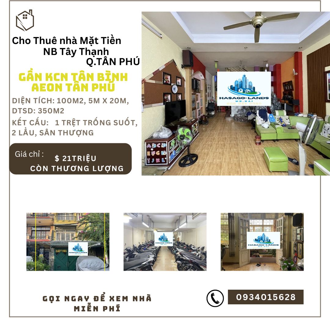 HIẾM- Cho thuê nhà mặt tiền NB Tây Thạnh 100m2, 2Lầu+ST, 21Triệu