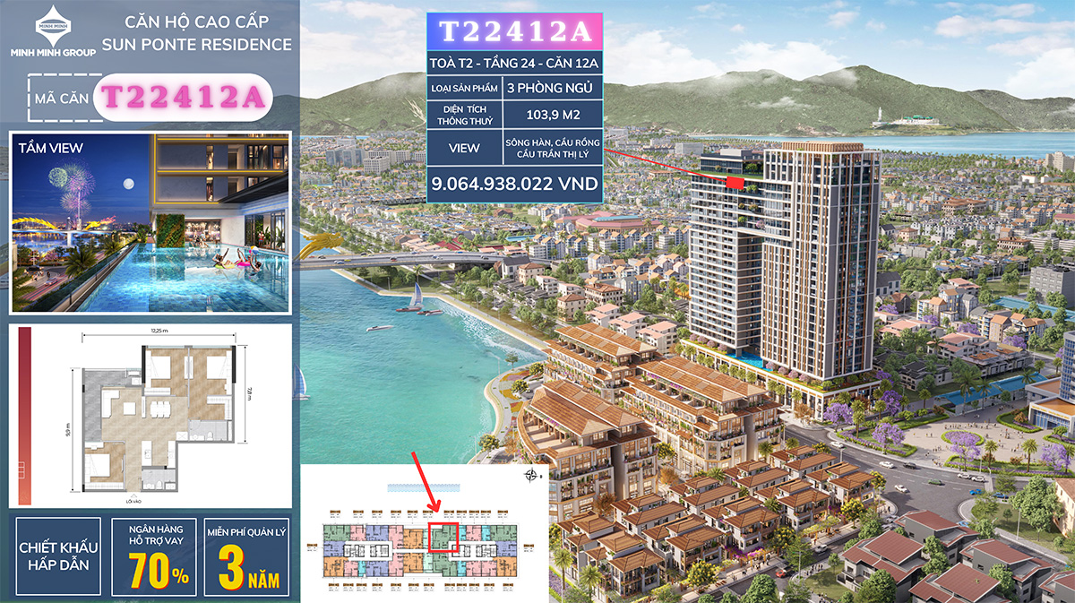 Bán căn 3pn tầng 24 view sông Hàn tại Sun Ponte Residence