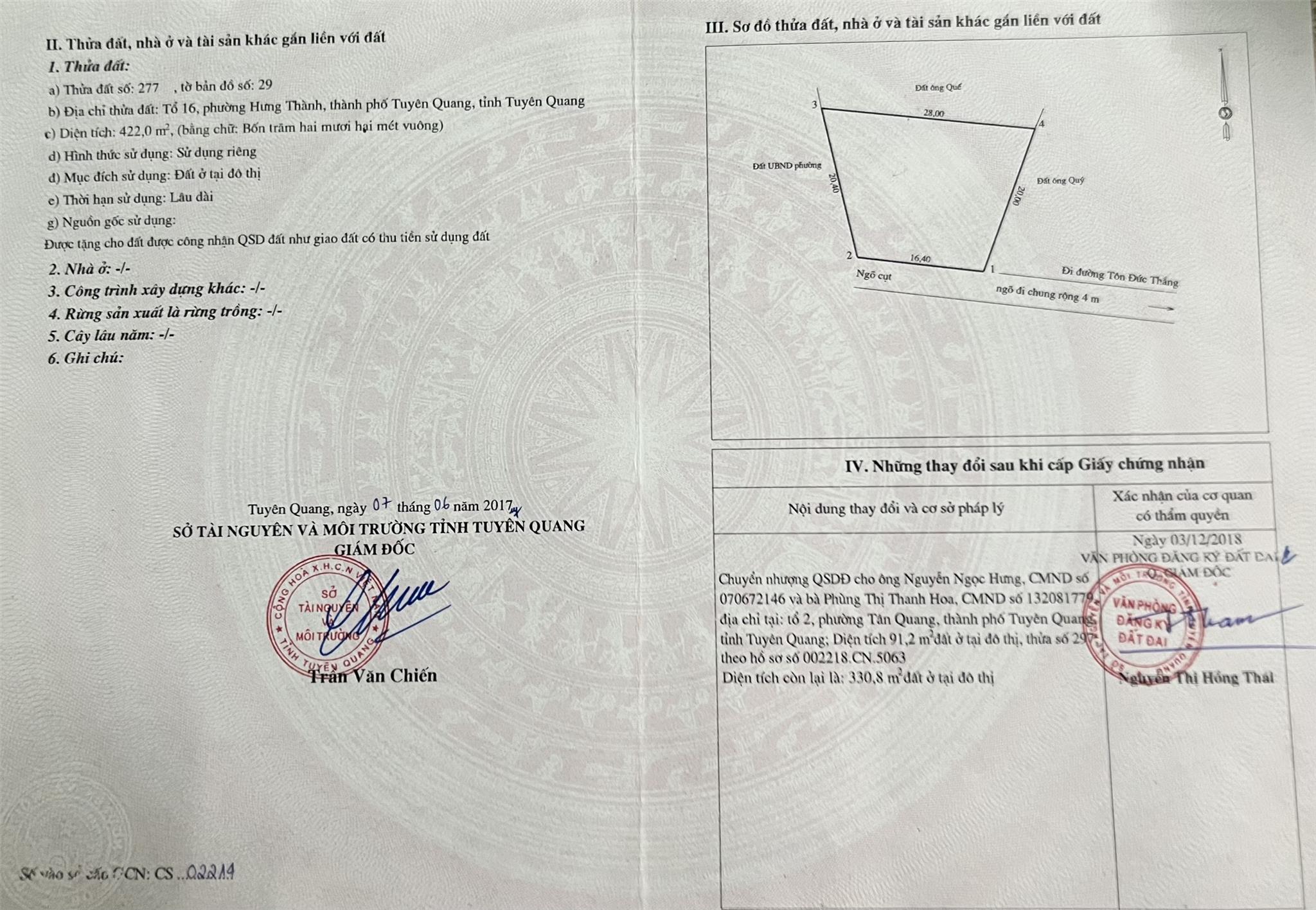 ĐẤT CHÍNH CHỦ - THỔ CƯ 100% Tại Tổ 9 Phường Hưng Thành, TP Tuyên Quang, Tỉnh Tuyên Quang