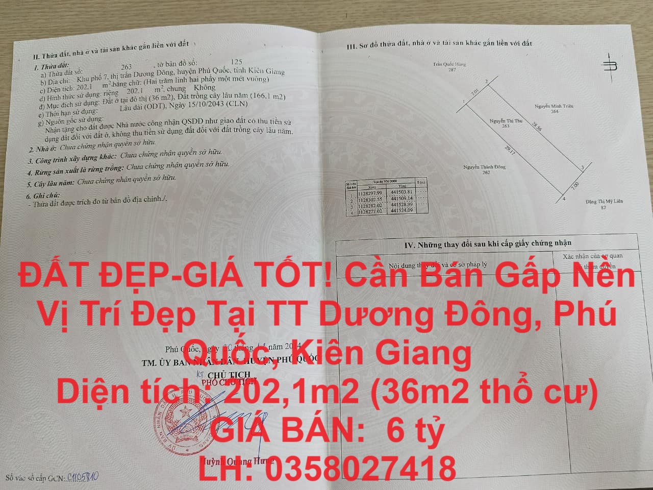 ĐẤT ĐẸP-GIÁ TỐT! Cần Bán Gấp Nền Vị Trí Đẹp Tại TT Dương Đông, Phú Quốc, Kiên Giang