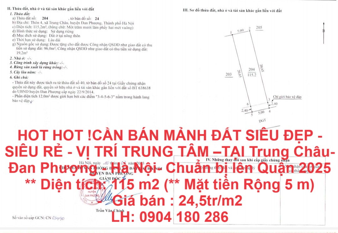 HOT HOT !CẦN BÁN MẢNH ĐẤT SIÊU ĐẸP - SIÊU RẺ - VỊ TRÍ TRUNG TÂM –TẠI Trung Châu- Đan Phượng- Hà Nội