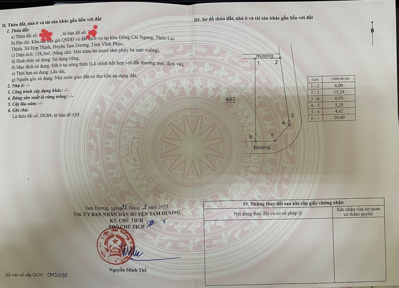 Chính Chủ Cần Bán Nhanh Lô Đất 2 Mặt Tiền Xã Hợp Thịnh, Huyện Tam Dương, Vĩnh Phúc