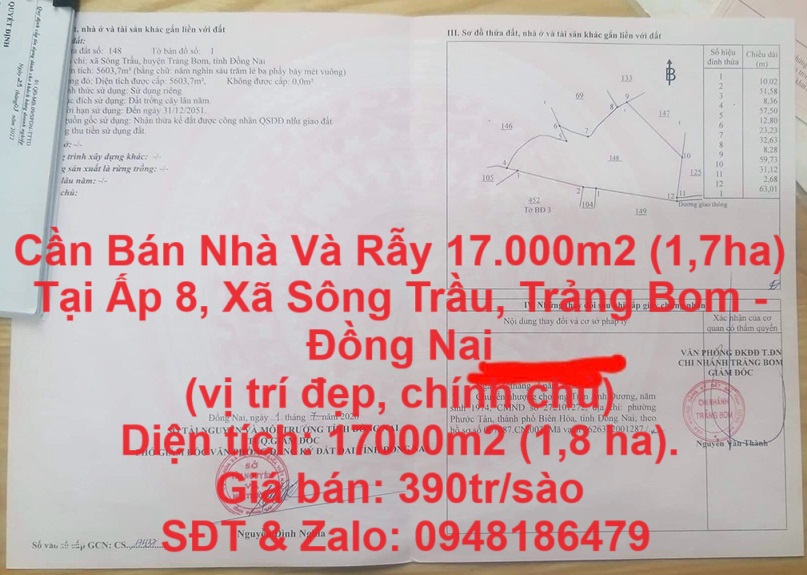 Cần Bán Nhà Và Rẫy 17.000m2 (1,7ha) Tại Ấp 8, Xã Sông Trầu, Trảng Bom - Đồng Nai